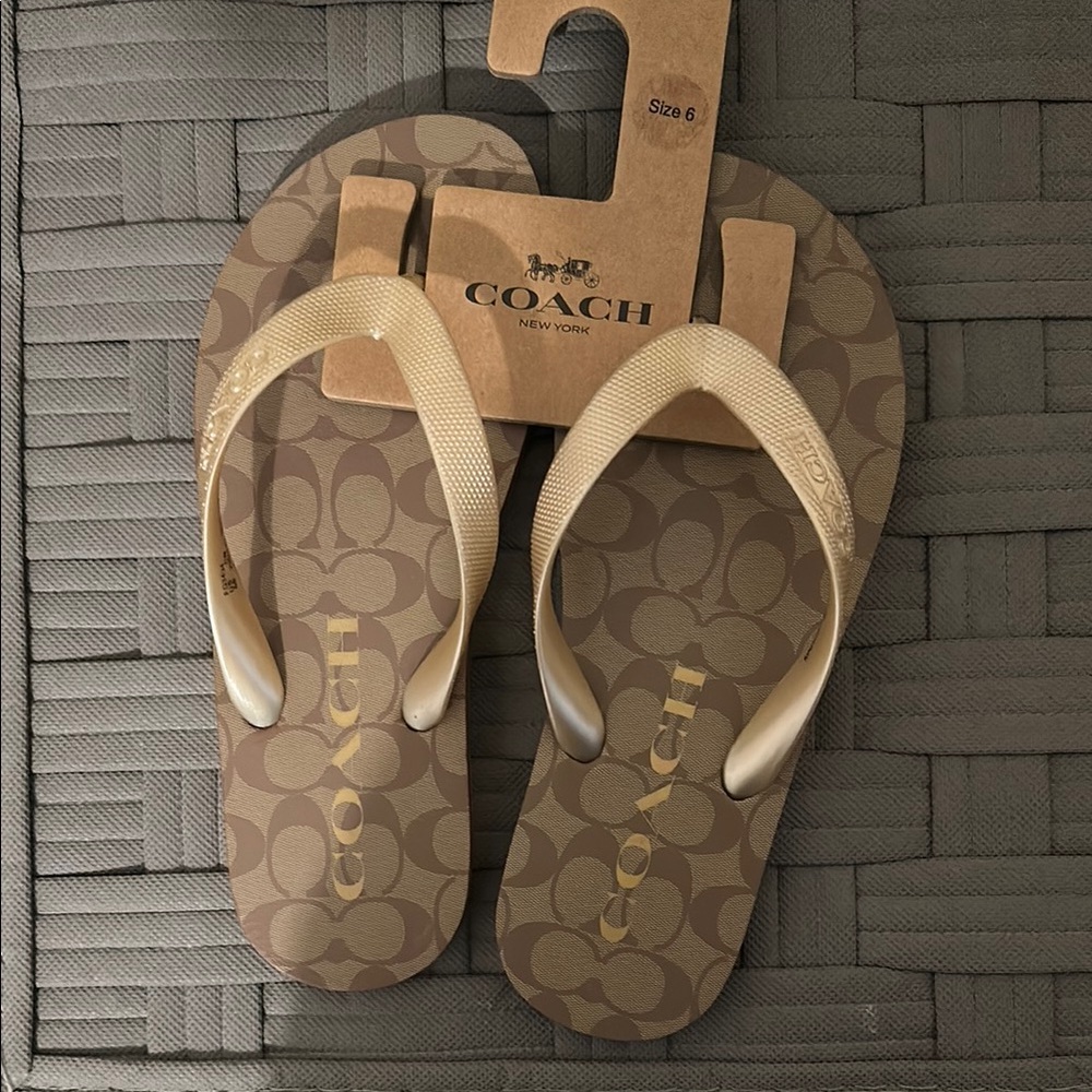 Coach Tan and Gold Logo Flip Flops